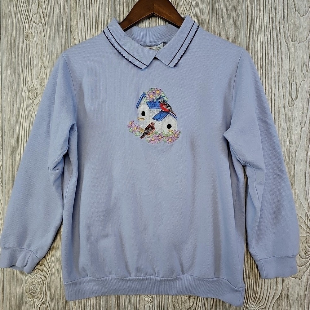 Vtg Haband Cottagecore Sweatshirt Collared Medium Blue Birds Flowers‎ Grandma